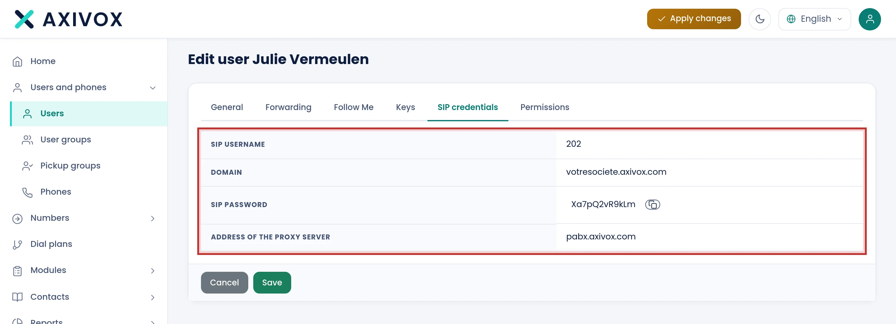 The SIP credentials tab: not to be copied into the softphone