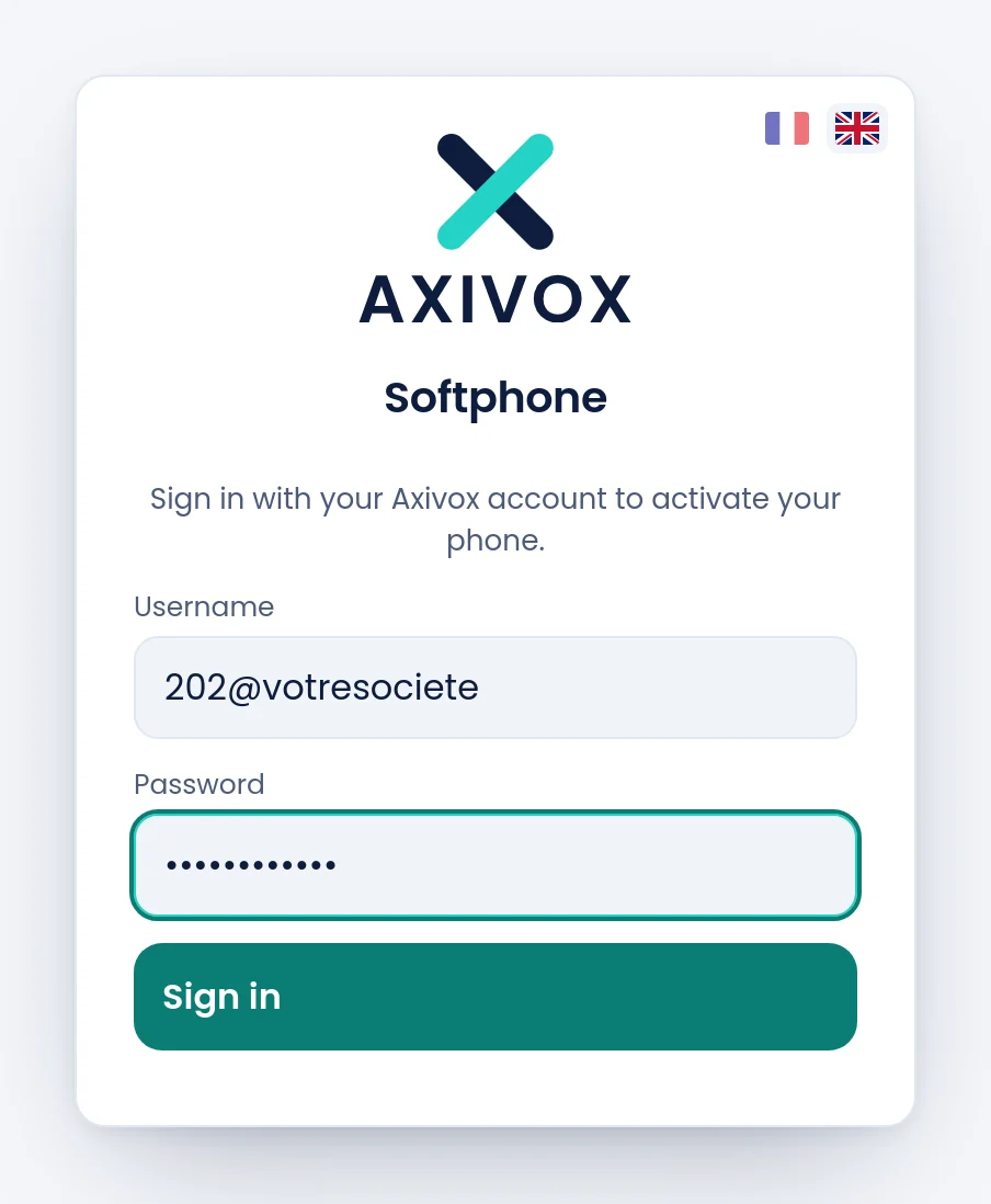 The sign-in screen filled in: the username carries the extension and the company short name