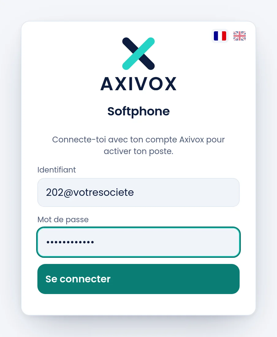 L'écran de connexion rempli : l'identifiant porte le poste et le nom court de la société