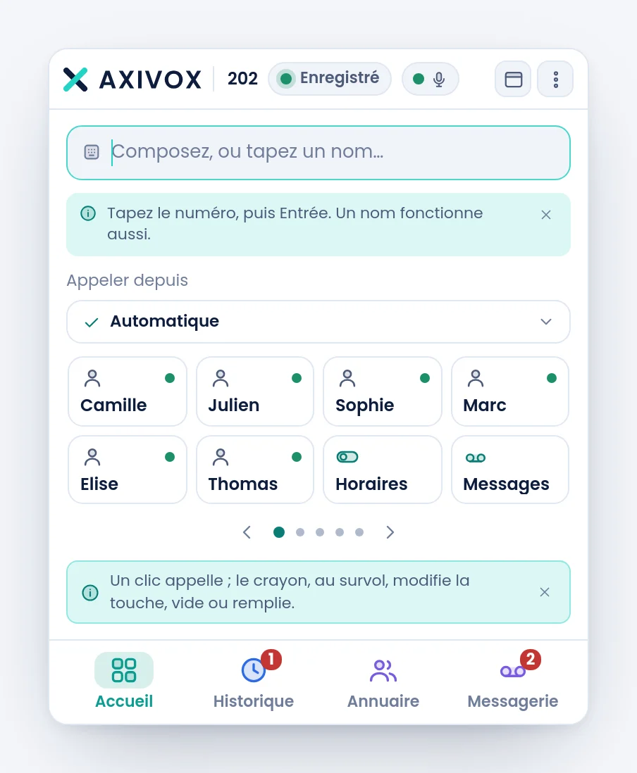 La fenêtre du softphone à la première ouverture, avec les deux bulles d'aide