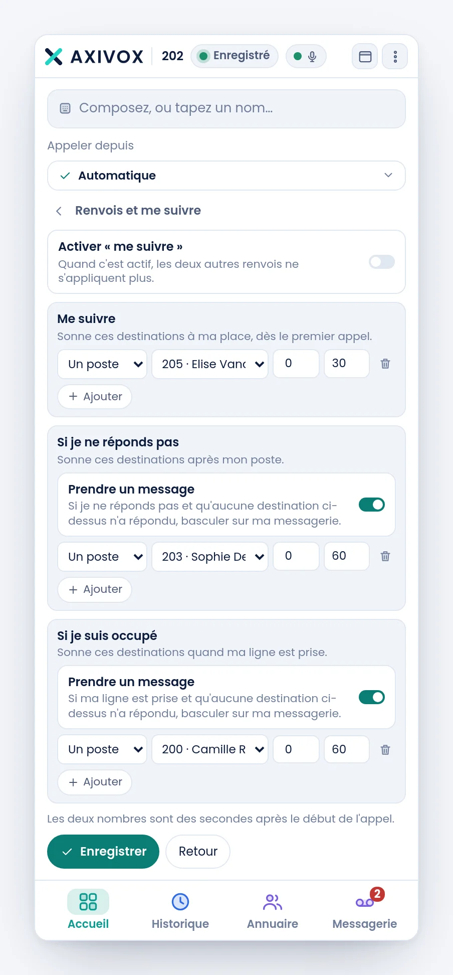 Le panneau des renvois et du me suivre