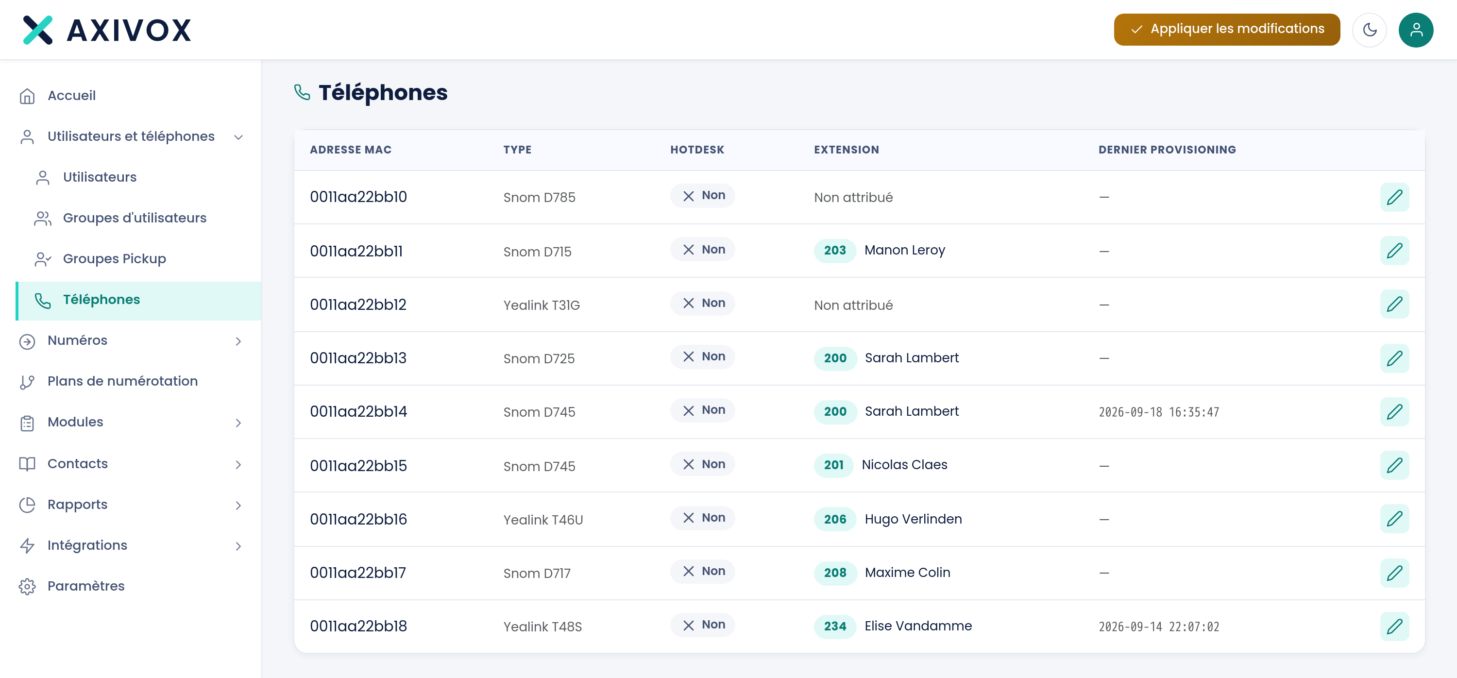 L'elenco dei telefoni: indirizzo MAC, modello, hotdesk, interno collegato e ultimo provisioning