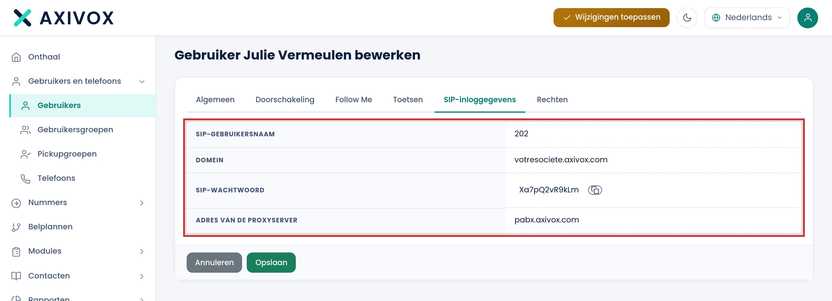 Het tabblad SIP-inloggegevens: niet overnemen in de softphone