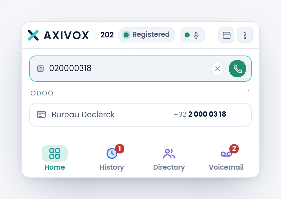 Een gevormd nummer, en de in het CRM herkende contactpersoon