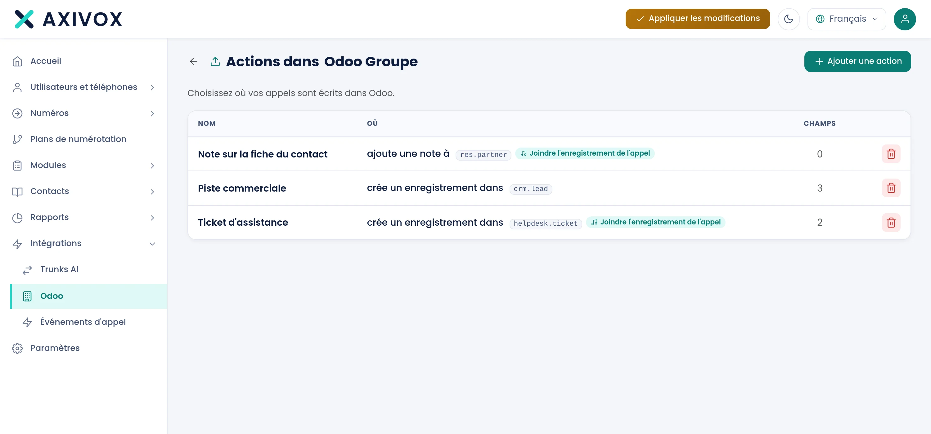 Lista akcji instancji Odoo