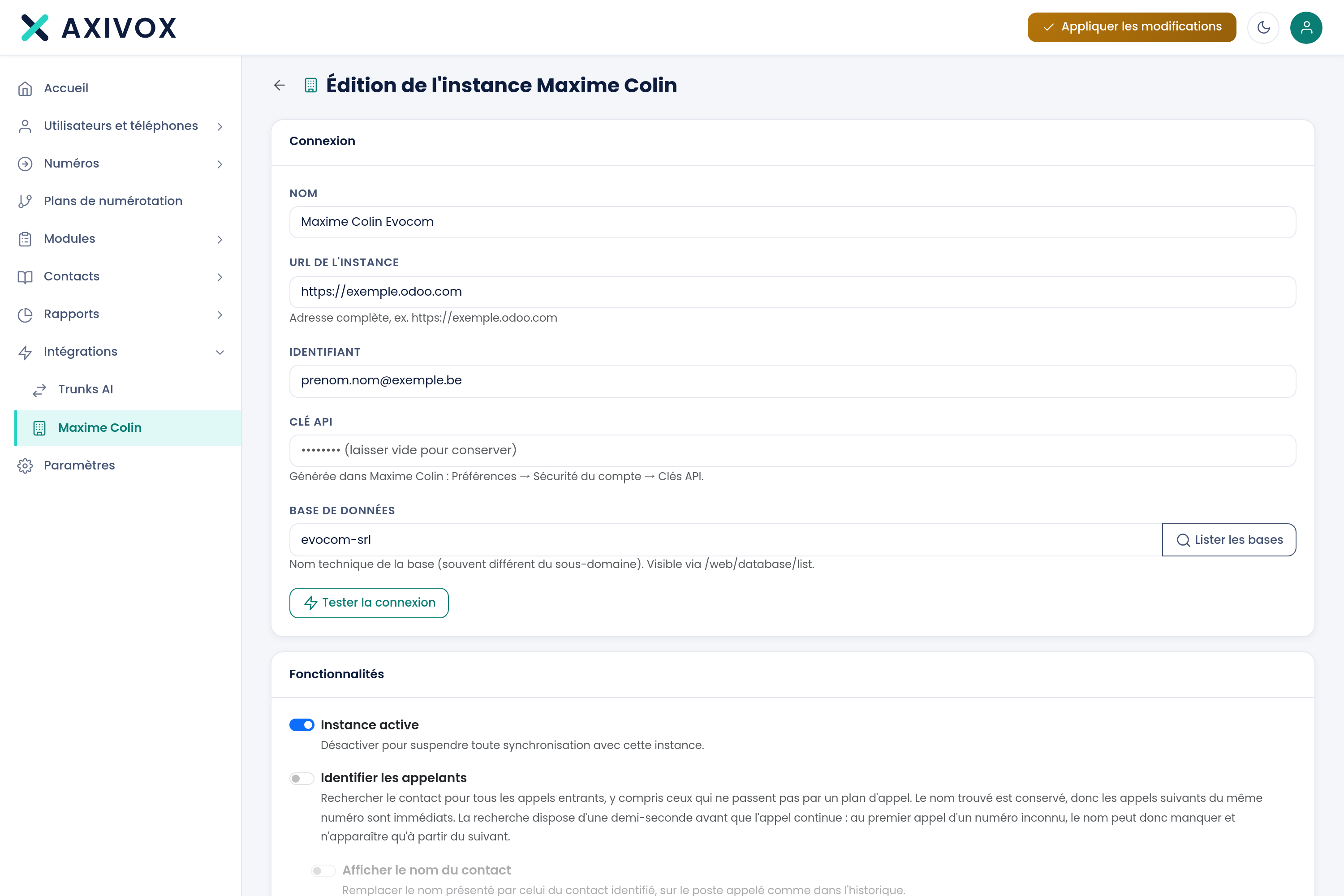 Karta instancji Odoo, z adresem i opcjami wzbogacania
