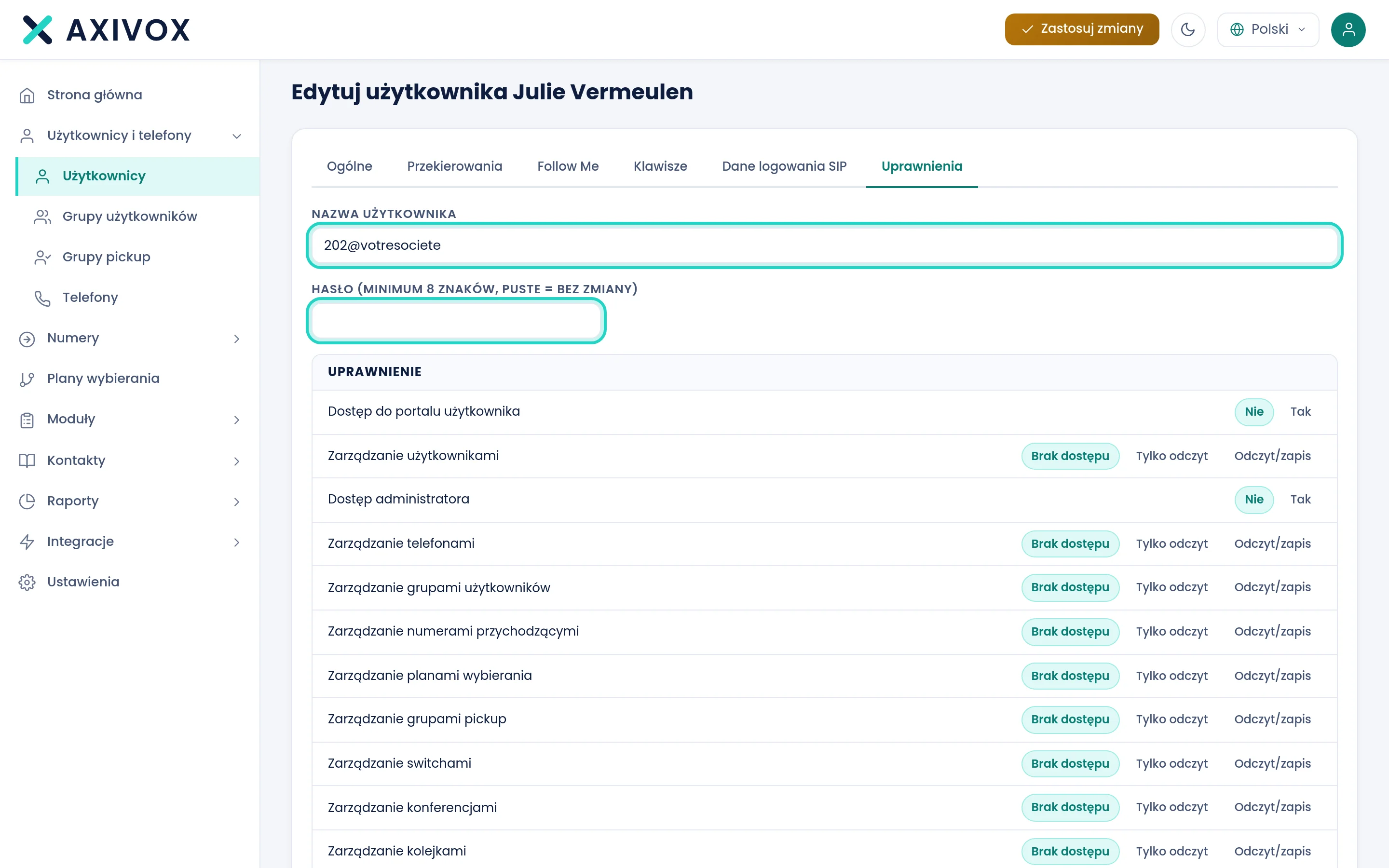 Zakładka Uprawnienia: nazwa użytkownika i hasło, o które prosi softphone