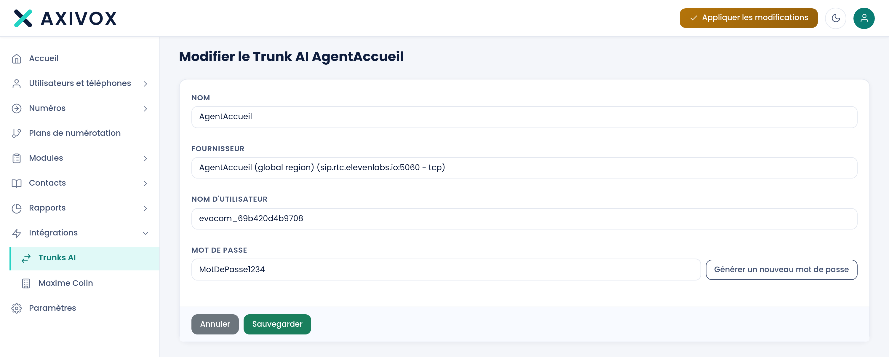 A ficha de um agente de voz, com o seu trunk e destino